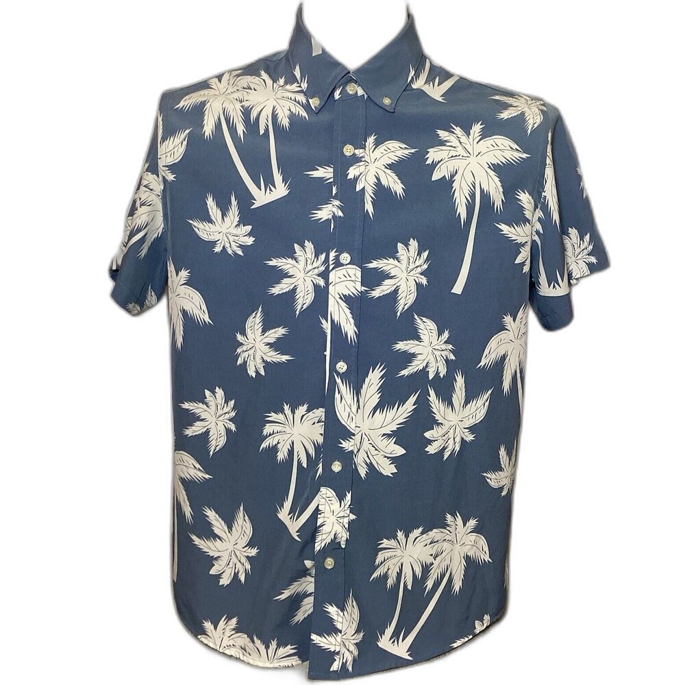 Cotton & Co Hawaiian Shirt Mens Size Large Palm Tree Blue White Button Down